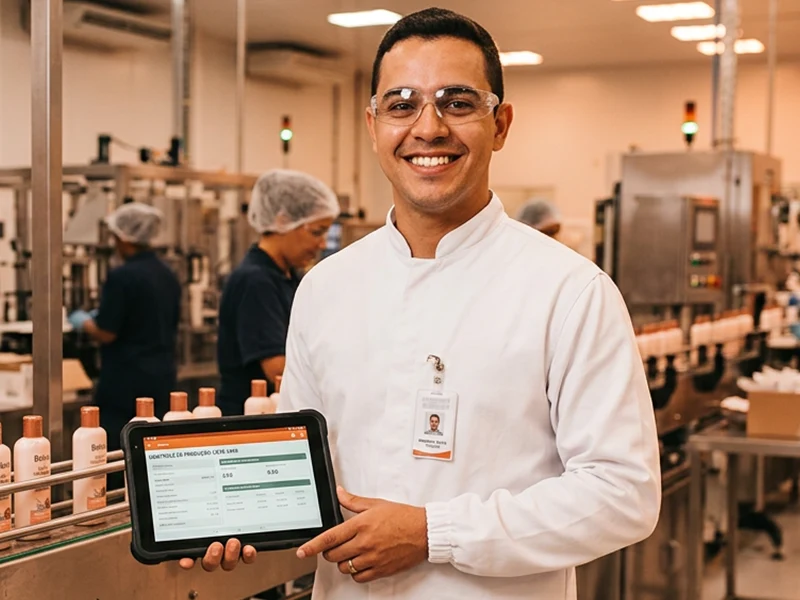 Cliente sorridente em uma indústria de cosméticos