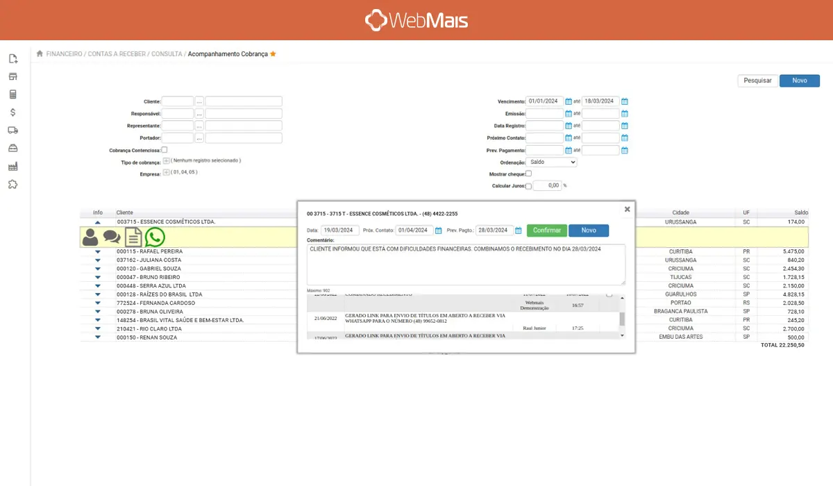 Tela do acompanhamento de cobrança do ERP para distribuidora WebMais
