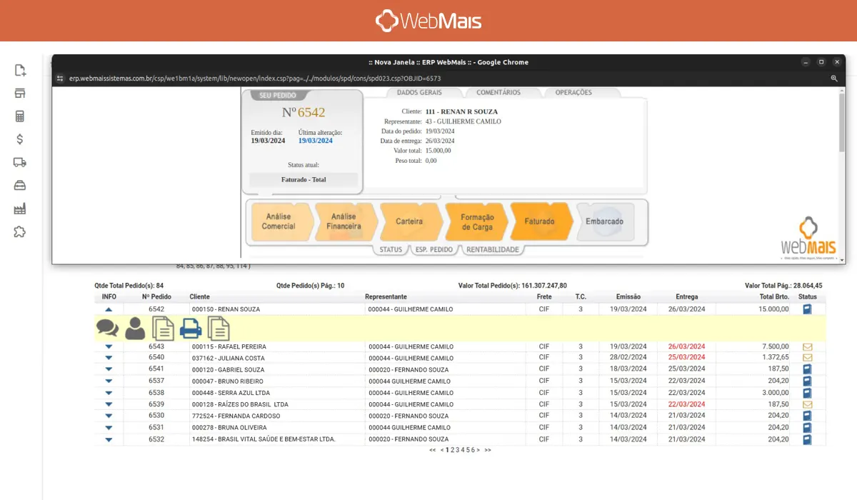 Tela do acompanhamento de pedidos do ERP para distribuidora WebMais