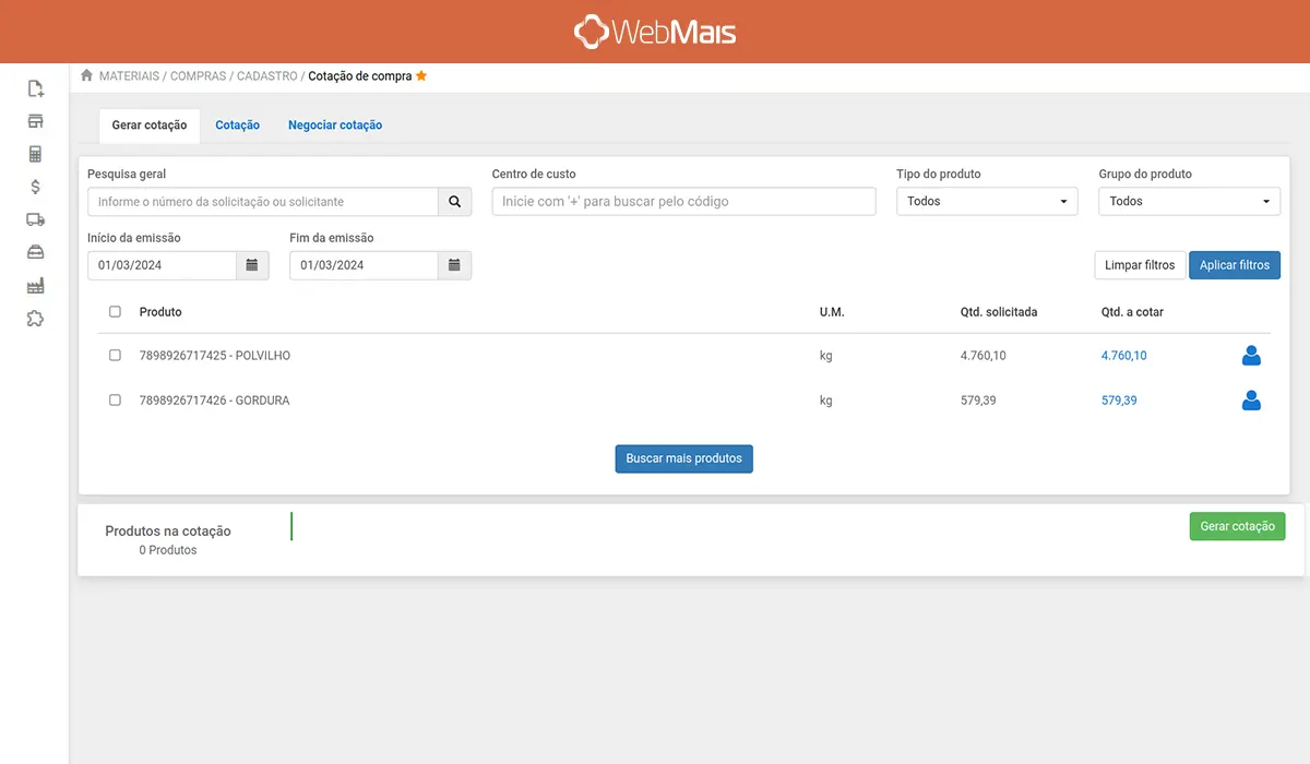 Tela de cotação de compras do ERP para indústria WebMais