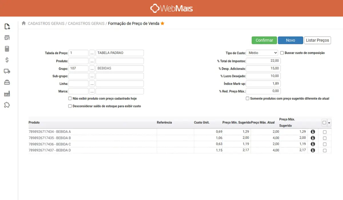 Precificação de produto ERP WebMais