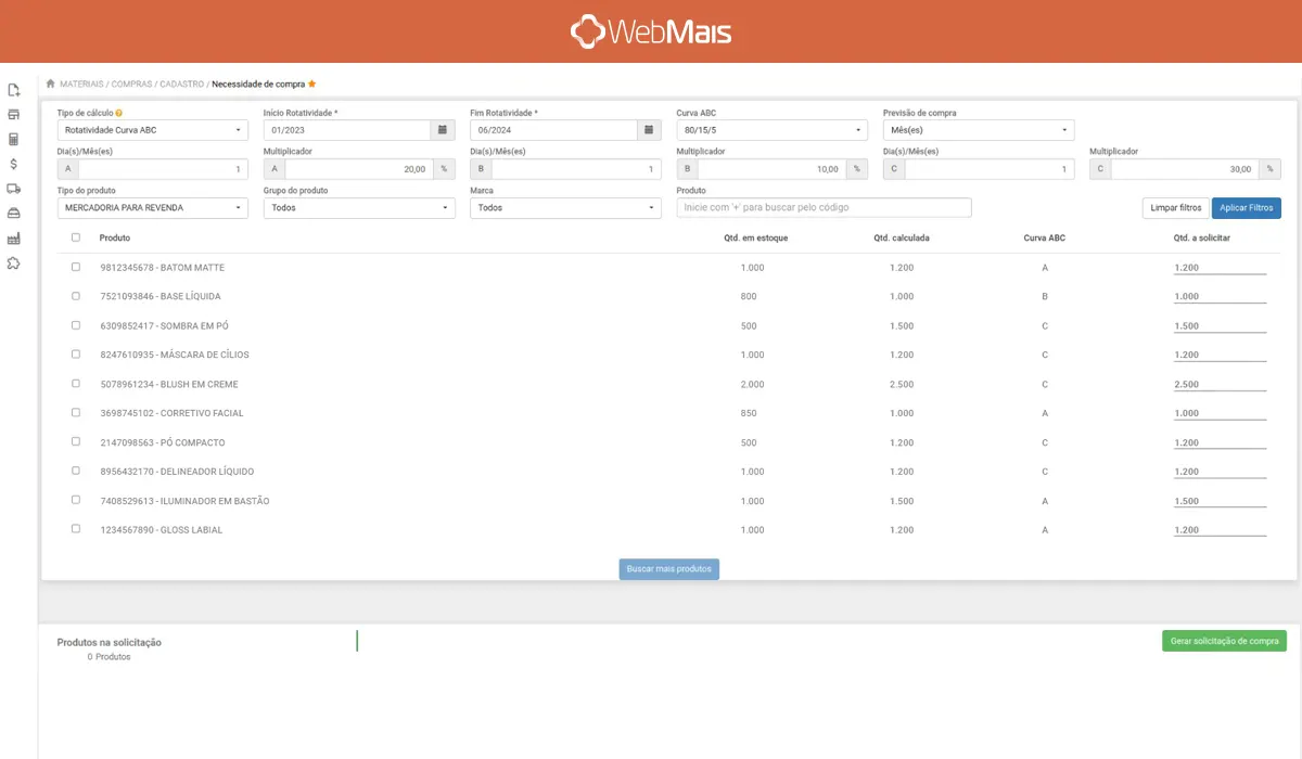 Relatório de necessidade de compra do ERP para distribuidora WebMais