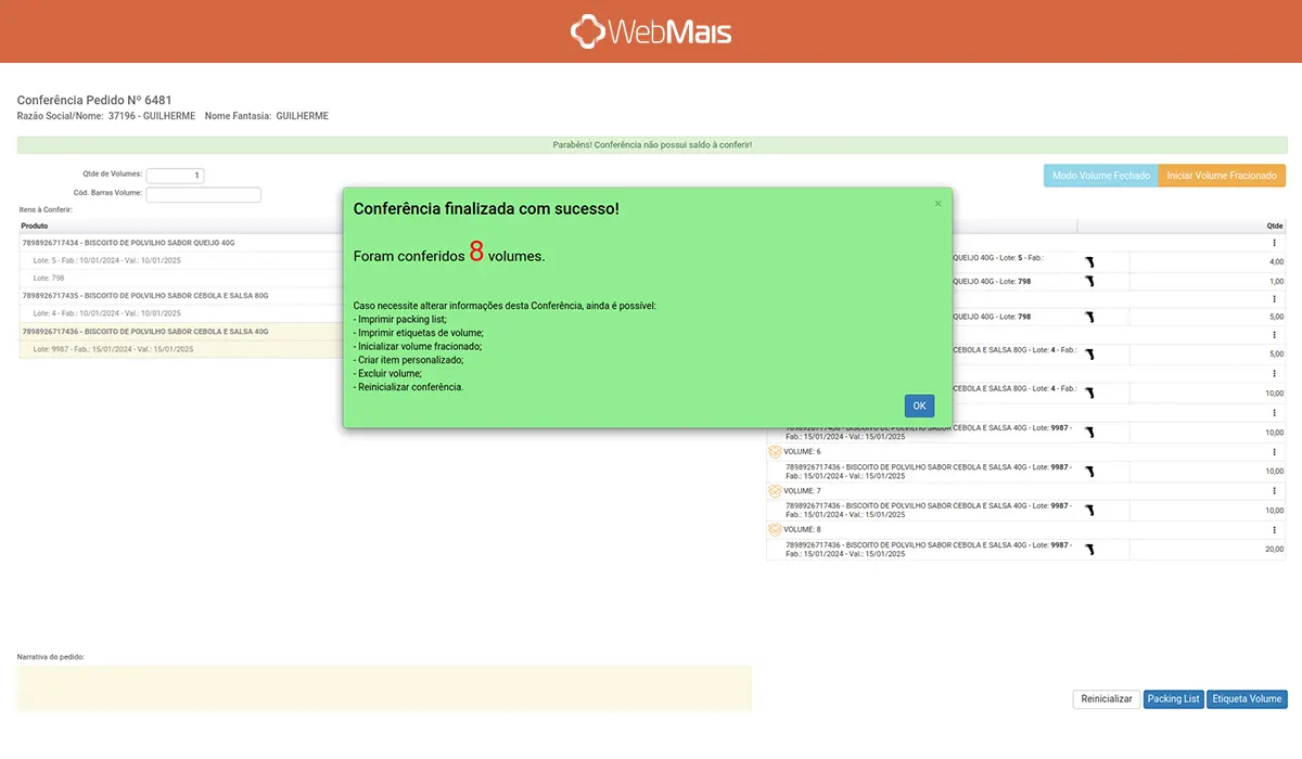 Tela de conferência de pedido do sistema para distribuidora WebMais