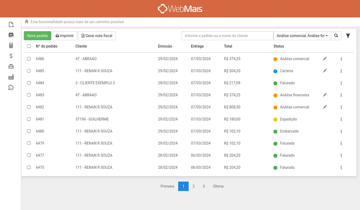 Tela de pedidos de venda do ERP para indústria WebMais