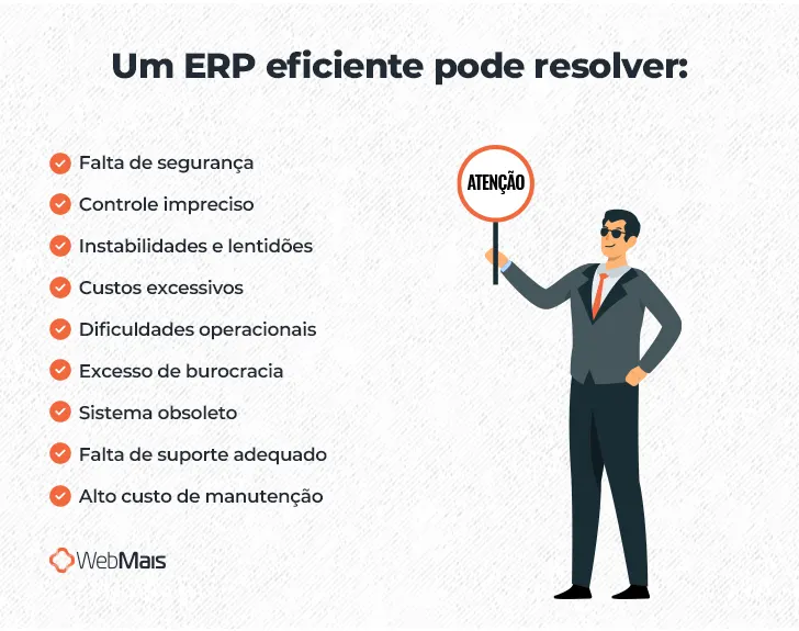 Ilustração de homem branco vestindo terno cinza, camiseta branca, gravata laranja e óculos escuros, segurando uma placa com "atenção" escrito, com a mão direita, ao lado do texto: "Um ERP eficiente pode resolver:

- Falta de segurança
- Controle impreciso
- Instabilidades e lentidões
- Custos excessivos
- Dificuldades operacionais
- Excesso de burocracia
- Sistema obsoleto
- Falta de suporte adequado
- Alto custo de manutenção"