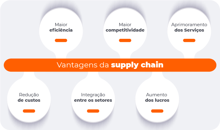 Vantagens do Supply Chain: Redução de Custos; Maior Eficiência; Integração Entre os Setores; Maior Competitividade; Aumento dos Lucros; Aprimoramento dos Serviços.