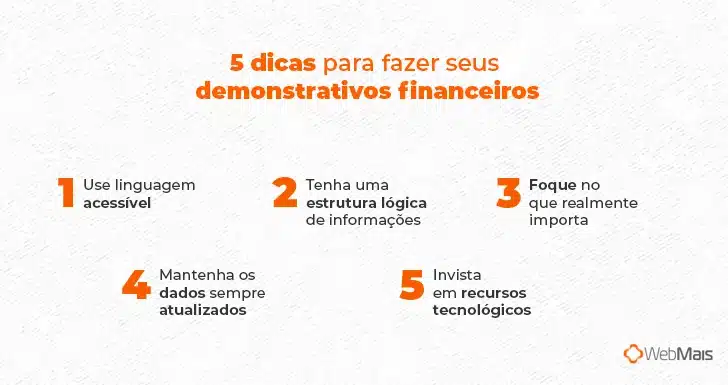 Ilustração com 5 dicas para fazer seus demonstrativos financeiros
