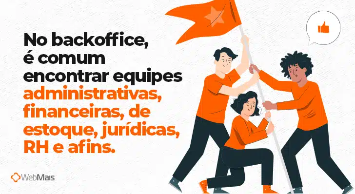 Ilustração de três pessoas com camisetas laranja, juntas segurando uma bandeira laranja, ao lado do texto "No backoffice, é comum encontrar equipes administrativas, financeiras, de estoque, jurídicas, RH e afins"