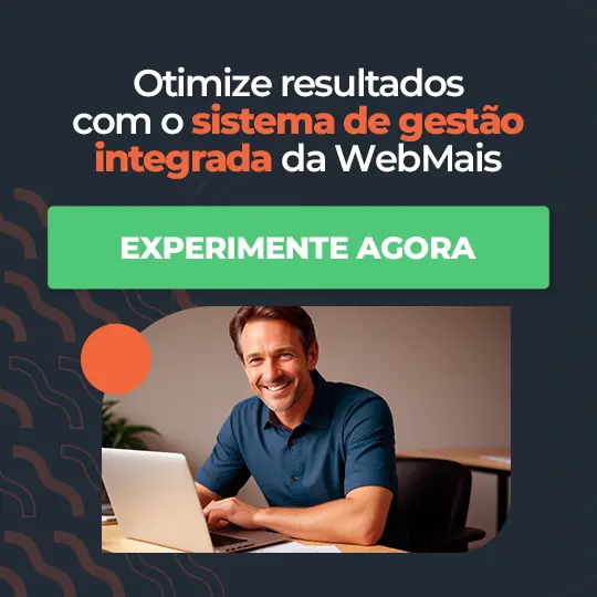 Banner sistema ERP WebMais com um texto ao lado “Otimize resultados com o sistema de gestão integrada da WebMais”