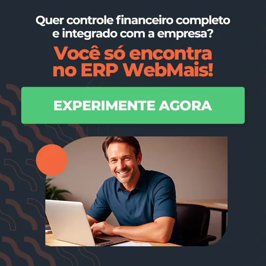 Banner de um notabook com o sistema erp WebMais aberto ao lado do texto “Quer controle financeiro completo?”