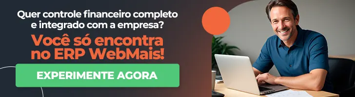 Banner de um notabook com o sistema erp WebMais aberto ao lado do texto “Quer controle financeiro completo?”