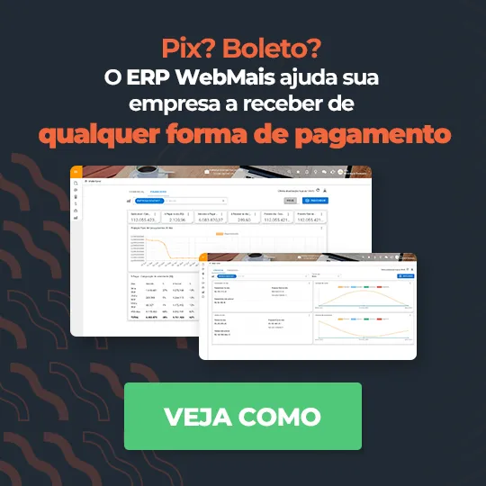 Banner de um notebook com o sistema ERP WebMais aberto em um gráfico ao lado do texto “Pix? Boleto? O ERP WebMais ajuda sua empresa a receber de qualquer forma de pagamento”