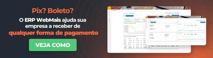 Banner de um notebook com o sistema ERP WebMais aberto em um gráfico ao lado do texto “Pix? Boleto? O ERP WebMais ajuda sua empresa a receber de qualquer forma de pagamento”