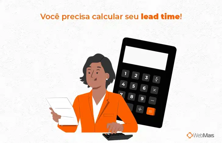 Ilustração com gestora calculando o lead time ao lado de uma calculadora