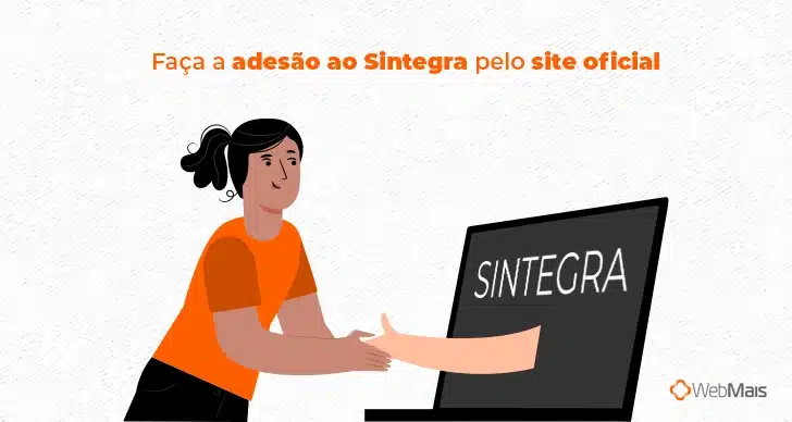 Ilustração de gestora apertando mão que sai de dentro de uma tela de computador escrito SINTEGRA