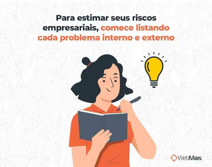 Ilustração de mulher branca com cabelos pretos curtos, vestindo camiseta laranja, segurando um caderno com a mão direita e uma caneta com a mão esquerda, ao lado de um ícone de lâmpada e abaixo do texto "Para estimar seus riscos empresariais, comece listando cada problema interno e externo"