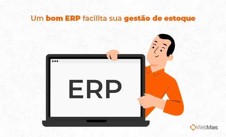 Ilustração de pessoa feliz ao lado de notebook escrito "ERP" com o título Um bom ERP facilita sua gestão