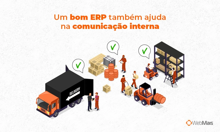 (Ilustração) Um bom ERP também ajuda na comunicação interna (Vários trabalhadores/setores da empresa com um balãozinho de conversa em cima de cada, todos com um checklist verde dentro)