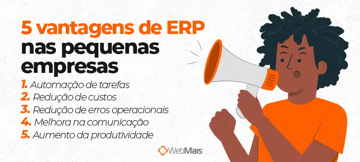 Homem negro com camiseta laranja, segurando um megafone, ao lado do texto:
"5 vantagens de ERP nas pequenas empresas

1 - Automação de tarefas
2 - Redução de custos
3 - Redução de erros operacionais
4 - Melhora na comunicação
5 - Aumento da produtividade"
