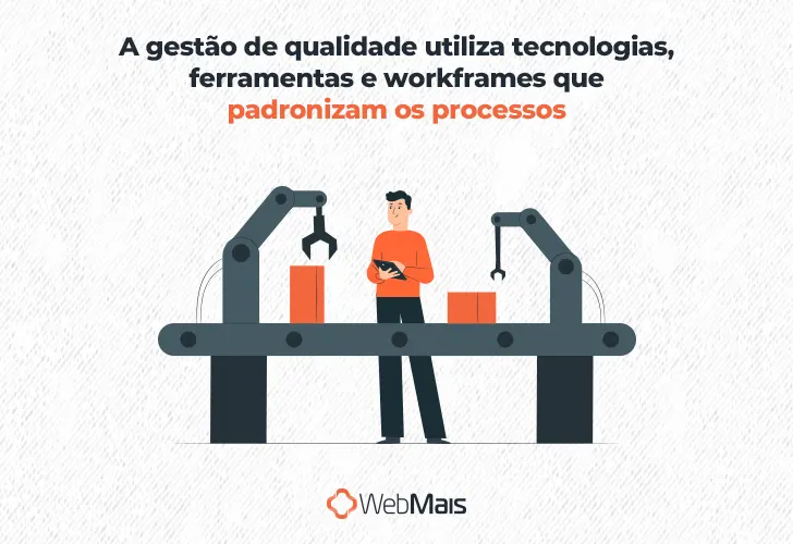 Ilustração de homem em pé, e uma esteira de produção, com dois braços mecânicos e duas caixas de papelão, abaixo do texto "A gestão de qualidade utiliza tecnologias, ferramentas e workframes que padronizam os processos"