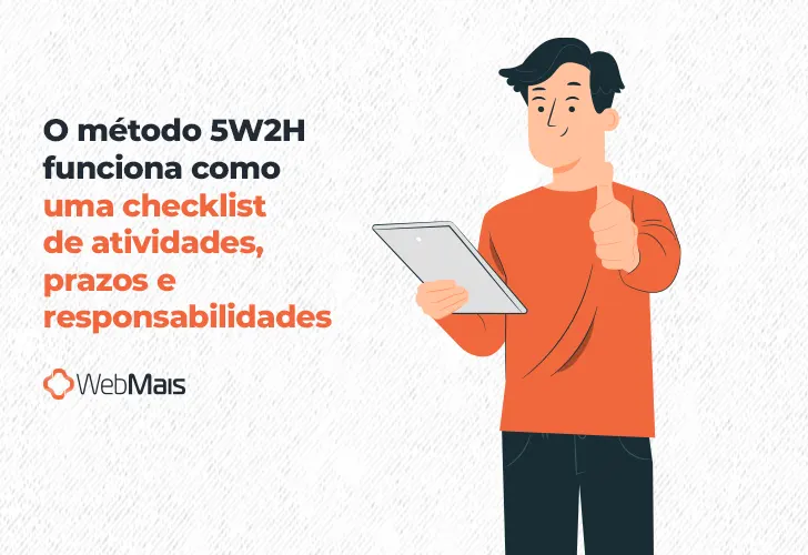 Ilustração de homem branco com cabelos pretos curtos, vestindo calças pretas e moletom laranja, segurando um tablet com a mão direita e fazendo símbolo de like com a mão esquerda, ao lado do texto: "O método 5W2H funciona como uma checklist de atividades, prazos e responsabilidades"