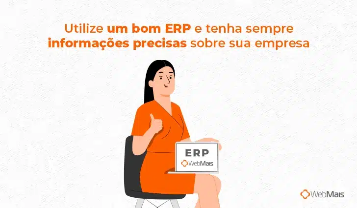 Ilustração de gestora sentada com o título "Utilize um bom ERP e tenha sempre informações precisas sobre sua empresa"