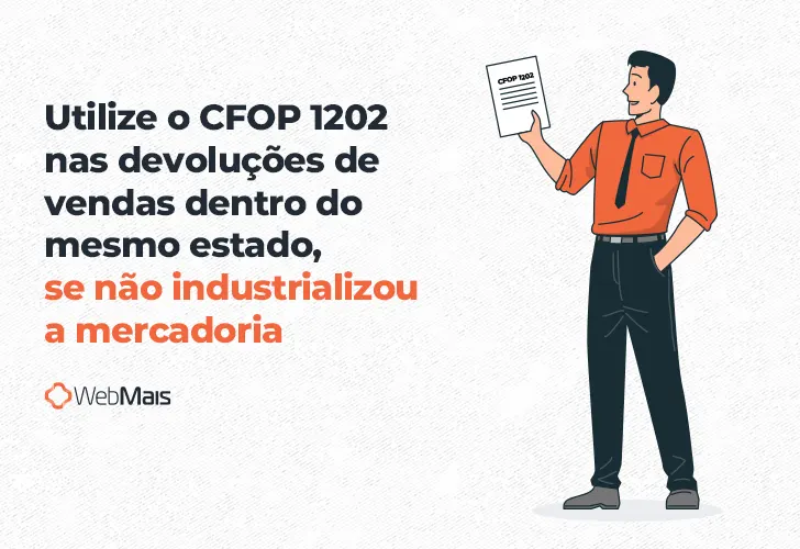 Ilustração de homem branco, em pé, vestindo calças pretas, sapato preto, camiseta laranja e gravata preta, segurando um documento com a mão direita levantada, e a mão esquerda no bolso da calça, ao lado do texto: "Utilize o CFOP 1202 nas devoluções de vendas dentro do mesmo estado, se não industrializou a mercadoria"