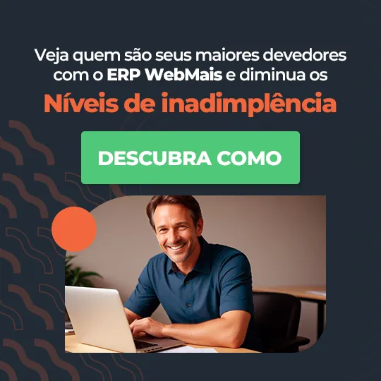 Banner com notebook aberto no sistema erp webmais com gráfico “maiores devedores”