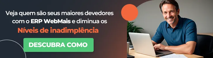 Banner com notebook aberto no sistema erp webmais com gráfico “maiores devedores”