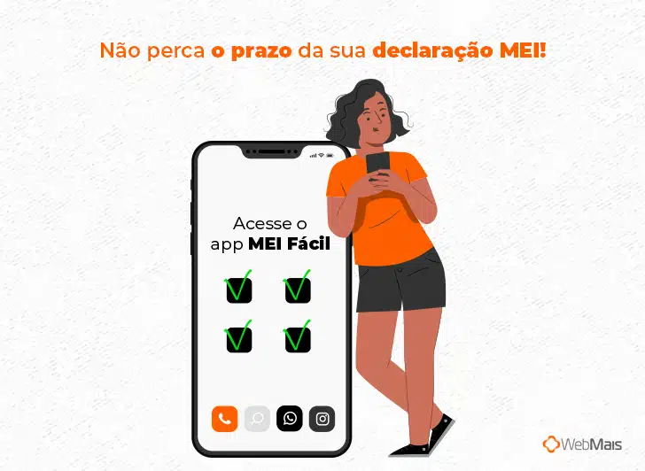 Gestor com celular na mão e um checklist na tela, escrito "Acesse o app MEI Fácil"