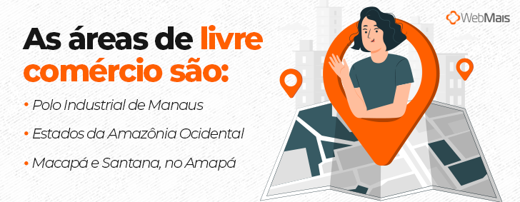Ilustração de mulher branca, com camiseta cinza, em um ícone de GPS, em cima de um mapa, ao lado do texto:
"As áreas de livre comércio são:

- Polo Industrial de Manaus
- Estados da Amazônia Ocidental
- Macapá e Santana, no Amapá"