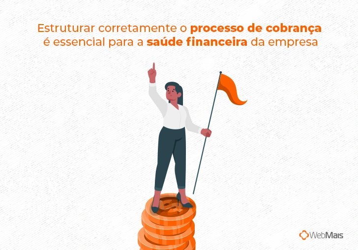 Ilustração de mulher em pé, acima de uma pilha de moedas e segurando uma bandeira, apontando para o texto: 

Estruturar corretamente o processo de cobrança é essencial para a saúde financeira da empresa