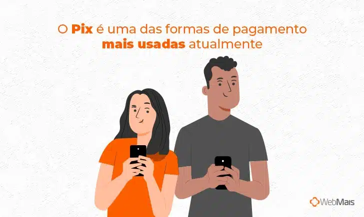 Ilustração de duas pessoas com celulares nas mãos, sorrindo, com o texto "O Pix é uma das formas de pagamento mais usadas atualmente"