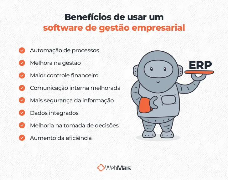 Ilustração de um robô cinza, vestido com roupas de garçom, segurando uma toalha laranja no pulso direito, e uma bandeja com "ERP" na mão esquerda, acima dos ombros, ao lado do texto: "Benefícios de usar um software de gestão empresarial

- Automação de processos
- Melhora na gestão
- Maior controle financeiro
- Comunicação interna melhorada
- Mais segurança da informação
- Dados integrados
- Melhoria na tomada de decisões
- Aumento da eficiência"