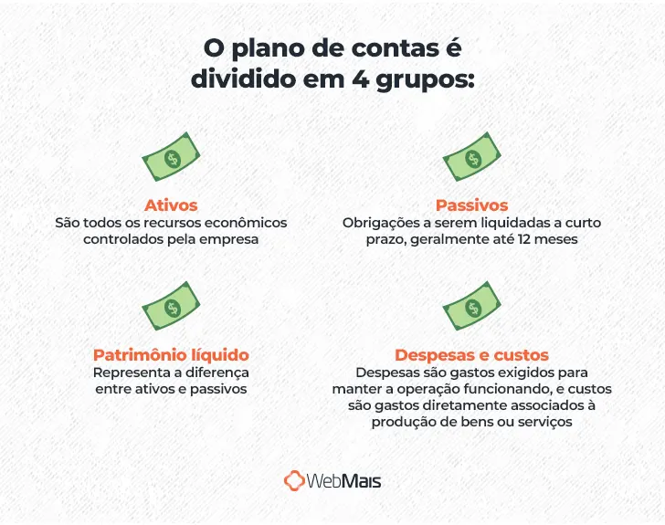 O plano de contas é dividido em 4 grupos:

- Ativos: são todos os recursos econômicos controlados pela empresa
- Passivos: obrigações a serem liquidadas a curto prazo, geralmente até 12 meses
- Patrimônio líquido: representa a diferença entre ativos e passivos
- Despesas e custos: despesas são gastos exigidos para manter a operação funcionando, e custos são gastos diretamente associados à produção de bens ou serviços