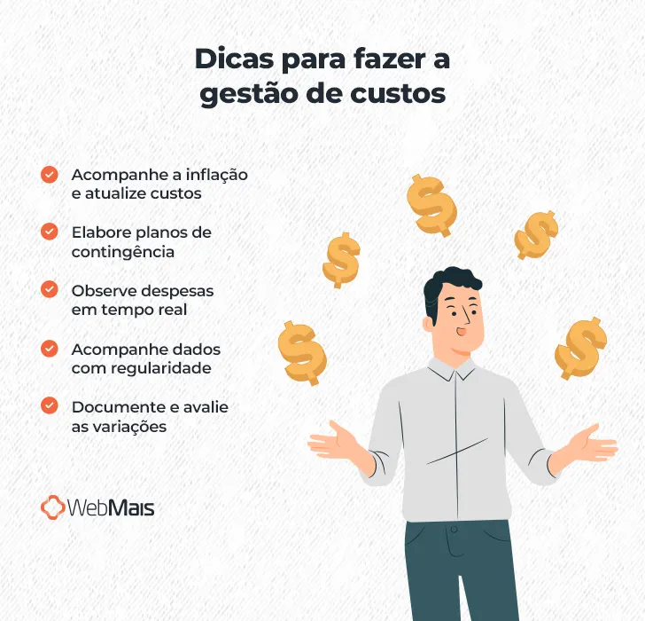 Ilustração de homem branco vestindo roupas casuais, com ambas as mãos na altura da cintura, equilibrando cinco cifrões que indicam valores monetários, ao lado do texto: "Dicas para fazer a gestão de custos

- Acompanhe a inflação e atualize custos
- Elabore planos de contingência
- Observe despesas em tempo real
- Acompanhe dados com regularidade
- Documente e avalie as variações"