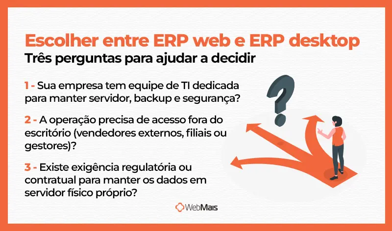 Escolher entre ERP web e ERP desktop Como escolher entre ERP web e ERP desktop para a sua empresa, faça essas três perguntas para ajudar a decidir.