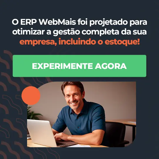 Banner de um notebook aberto com gráficos na tela ao lado do texto “O ERP WebMais foi projetado para otimizar a gestão completa da sua empresa, incluindo o estoque!”