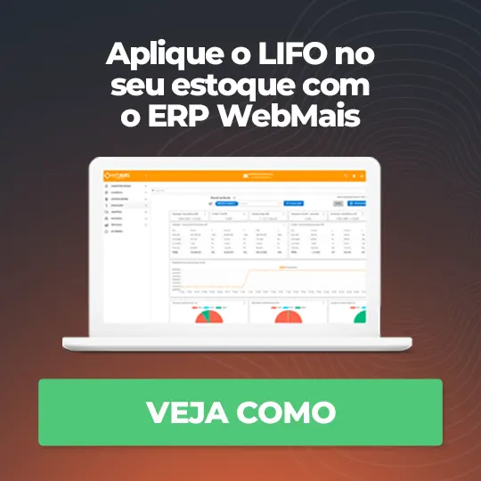 Banner de notebook aberto com o sistema ERP WebMais ao lado do texto “Aplique o LIFO no seu estoque”