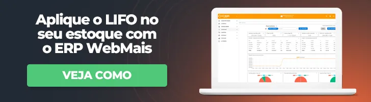 Banner de notebook aberto com o sistema ERP WebMais ao lado do texto “Aplique o LIFO no seu estoque”