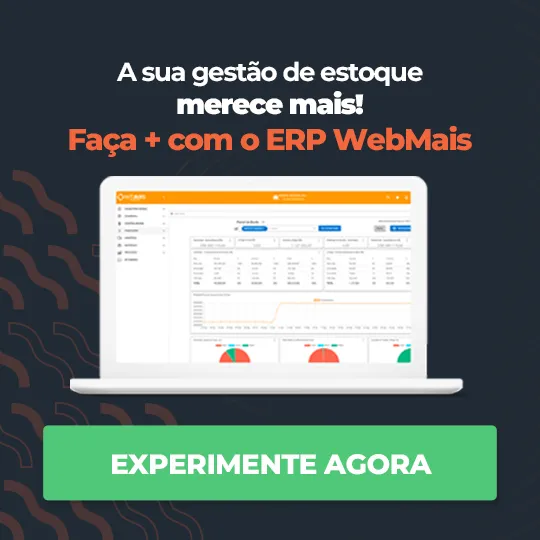 Banner de notebook aberto com o sistema ERP WebMais ao lado do texto “A sua gestão de estoque merece mais”
