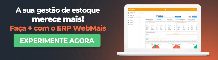 Banner de notebook aberto com o sistema ERP WebMais ao lado do texto “A sua gestão de estoque merece mais”