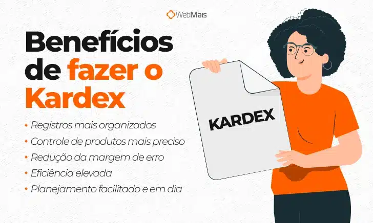 Ilustração de mulher branca, de cabelos cacheados e camiseta laranja, feliz segurando um documento escrito "kardex", ao lado do texto:
"Benefícios de fazer o Kardex

- Registros mais organizados
- Controle de produtos mais preciso
- Redução da margem de erro
- Eficiência elevada
- Planejamento facilitado e em dia"