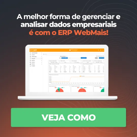 Banner de um notebook aberto com o sistema erp webmais, ao lado de um texto “a melhor fome de gerenciar e analisar os dados empresariais”