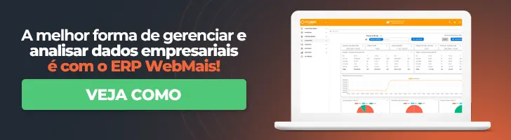Banner de um notebook aberto com o sistema erp webmais, ao lado de um texto “a melhor fome de gerenciar e analisar os dados empresariais”