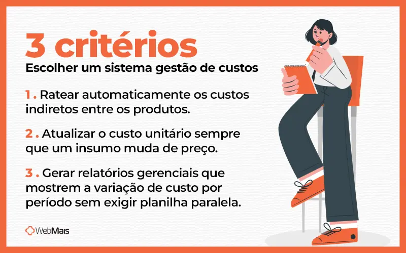Critérios de escolha sistema gestão de custos Três critérios que ajudam a escolher um bom sistema para apoiar a gestão de custos