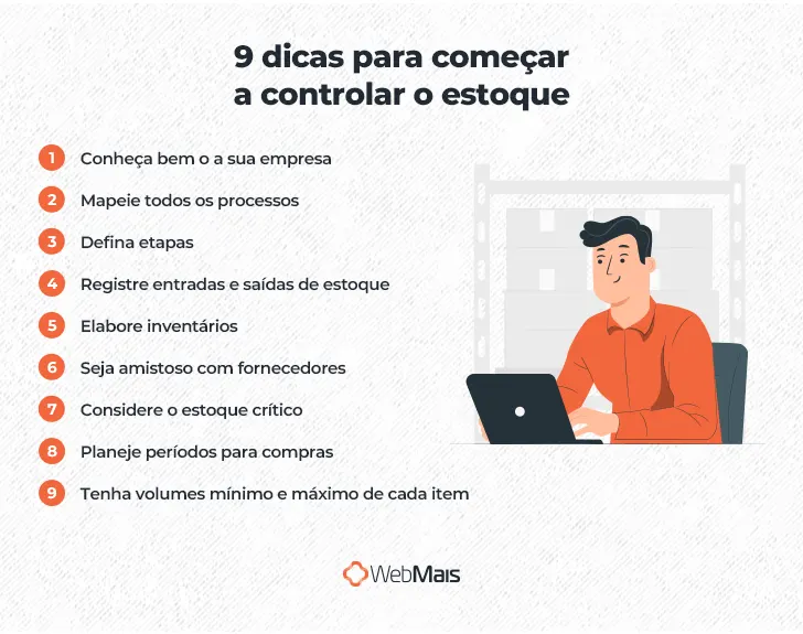 Ilustração de homem branco com cabelos pretos curtos, vestindo camiseta laranja, sentado e utilizando um notebook preto, ao lado do texto: "9 dicas para começar a controlar o estoque

1 - Conheça bem o a sua empresa
2 - Mapeie todos os processos
3 - Defina etapas
4 - Registre entradas e saídas de estoque
5 - Elabore inventários
6 - Seja amistoso com fornecedores
7 - Considere o estoque crítico
8 - Planeje períodos para compras
9 - Tenha volumes mínimo e máximo de cada item"