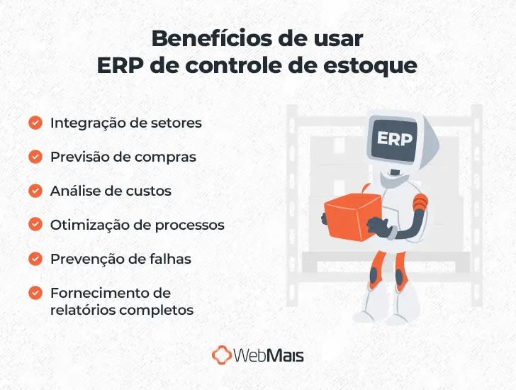 Benefícios de usar ERP de controle de estoque

- Integração de setores
- Previsão de compras
- Análise de custos
- Otimização de processos
- Prevenção de falhas
- Fornecimento de relatórios completos