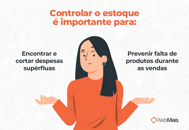 Ilustração de mulher branca, com cabelos pretos longos, vestindo blusa laranja e com as duas mãos levantadas na altura do ombro, e o texto: "Controlar o estoque é importante para:

- Encontrar e cortar despesas supérfluas
- Prevenir falta de produtos durante as vendas"