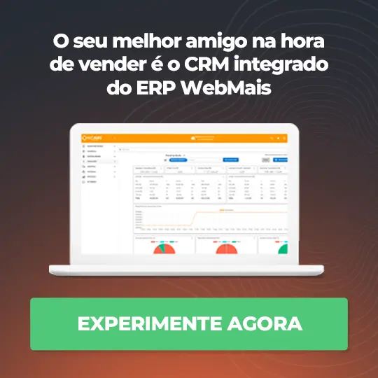 Banner notebook com o sistema ERP WebMais aberto ao lado do texto “O seu melhor amigo na hora de vender é o CRM integrado”